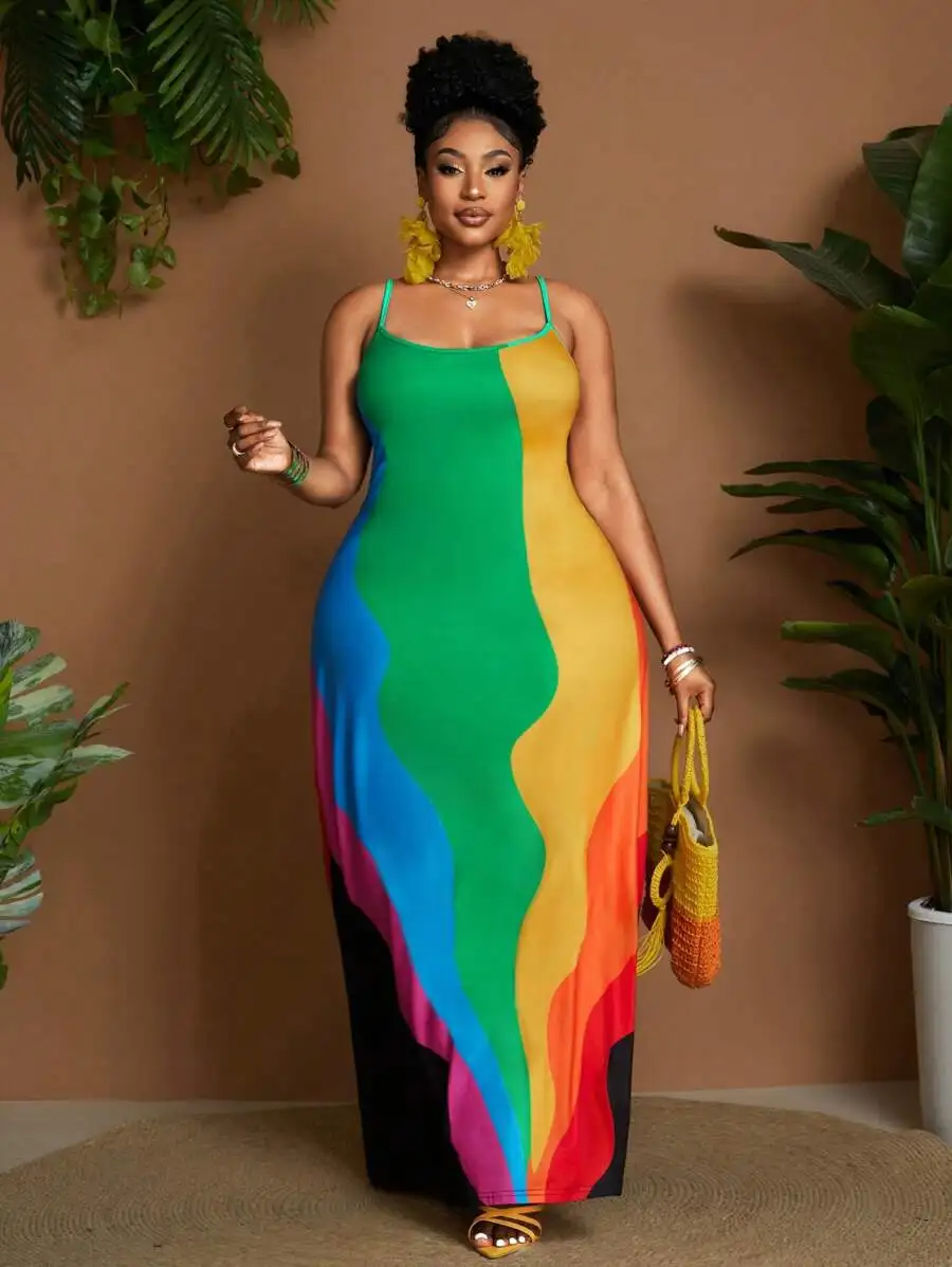 

Летнее платье макси без рукавов с цветовыми блоками для полных женщин