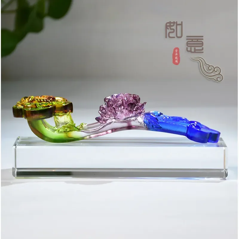 Handmade Glazed Peony Ruyi Ornament Elegant Tabletop Decor for Wedding Gift Golden Anniversary Souvenir Office Desk