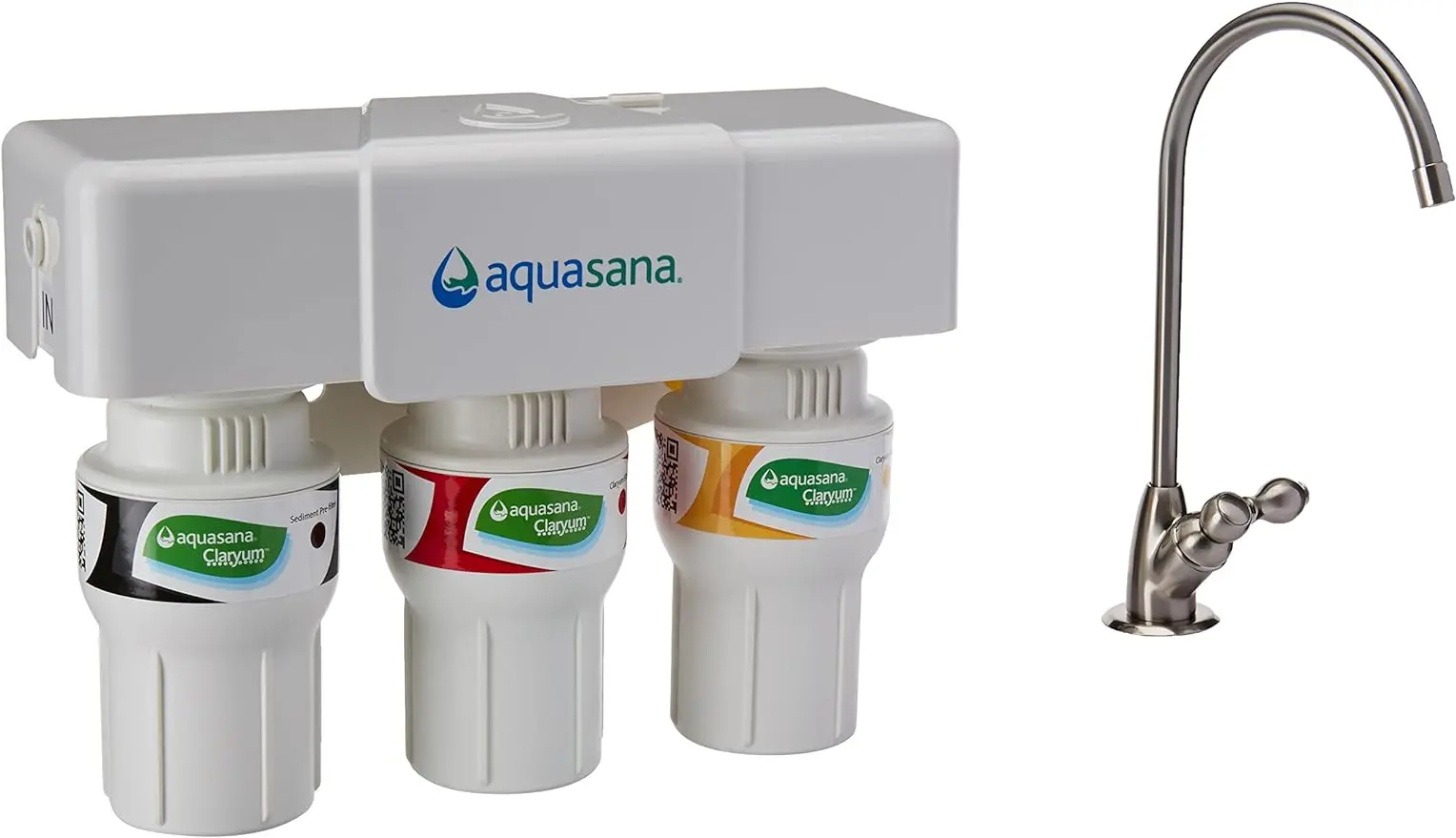 Aquasana Level 3 Sink water Filtration System - Claryum Filtration on Kitchen counters - Brushed nickel faucet