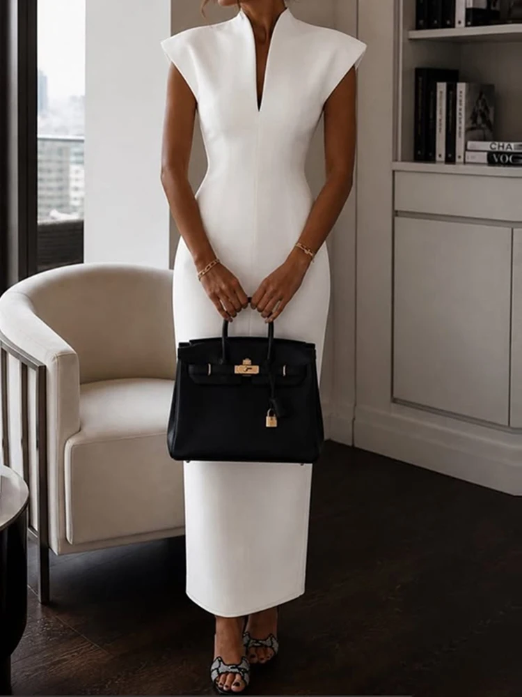 Elegantes Hochgeschnittenes Gerades Damenkleid für Partys Lässiges Einfarbiges Urlaubskleid Büro V-Ausschnitt Kurzärmeliges Sommer-Maxikleid