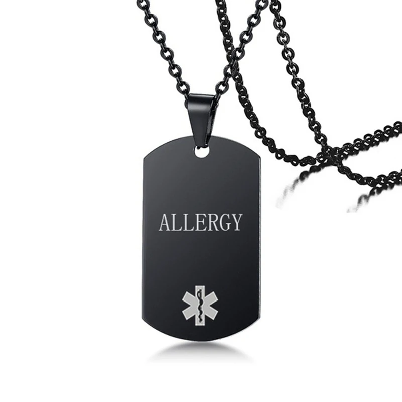 Collier d'étiquette de chien en acier inoxydable noir, pendentif d'alerte médicale gravé pour hommes