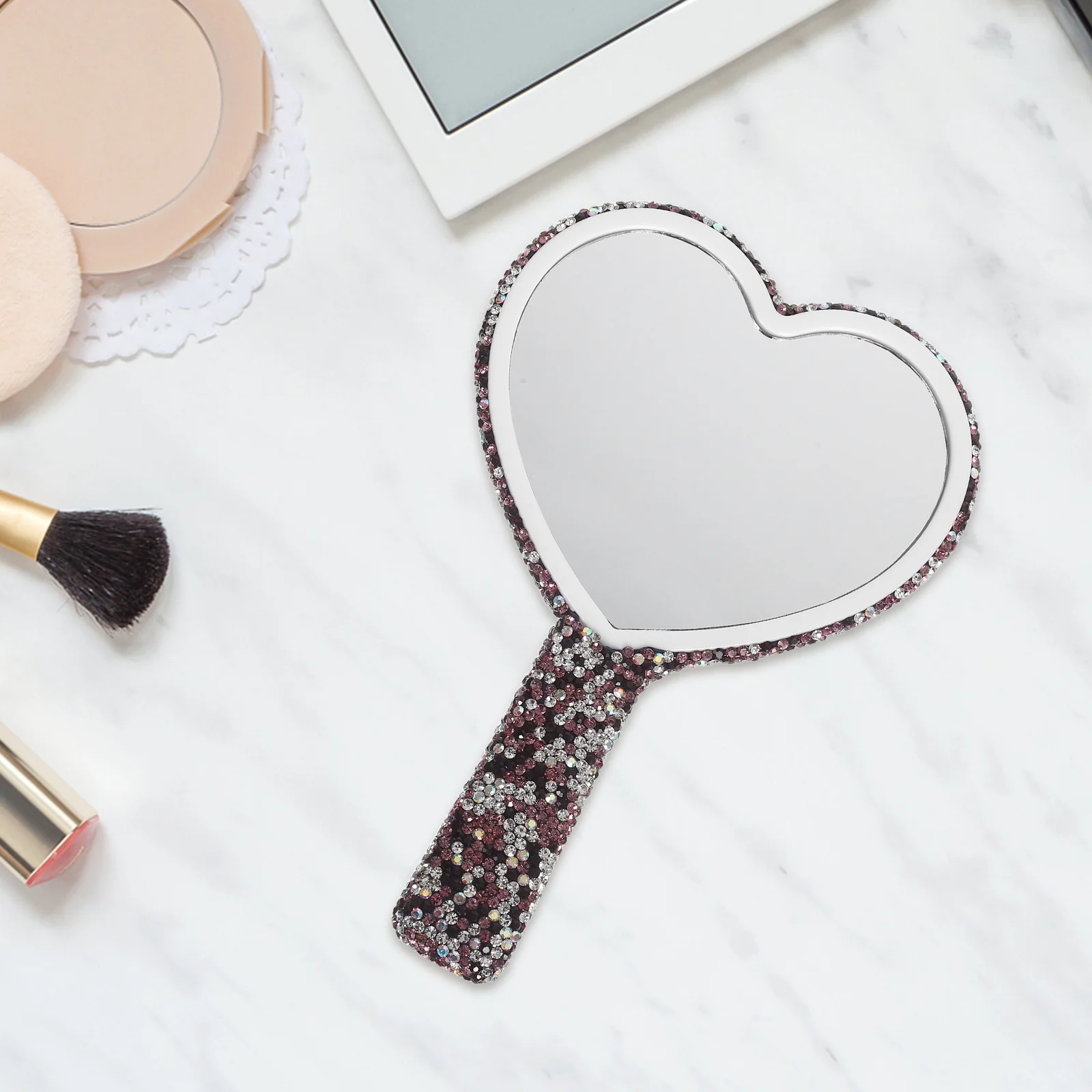 Heart Shaped Rhinestone Portable Handheld Mirror Travel Makeup Vanity Glitter Mirror Valentines Wedding