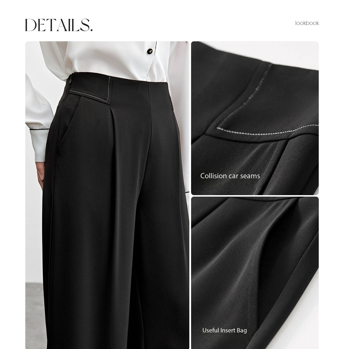 SENTUBILA 女性ドレープブラックワイドレッグパンツオフィスレディ構造プリーツロングパンツ 2025 春秋服 151K57631