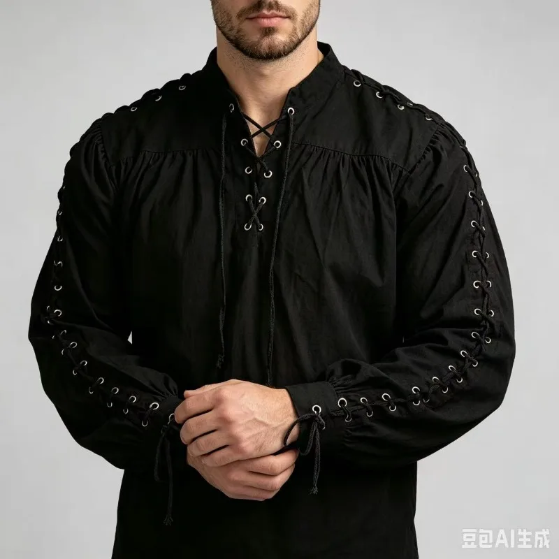 

High Quality Fashion Gothic Warrior Men Bandage Long Sleeve Medieval Renaissance Shirt Plus Size S-5XL