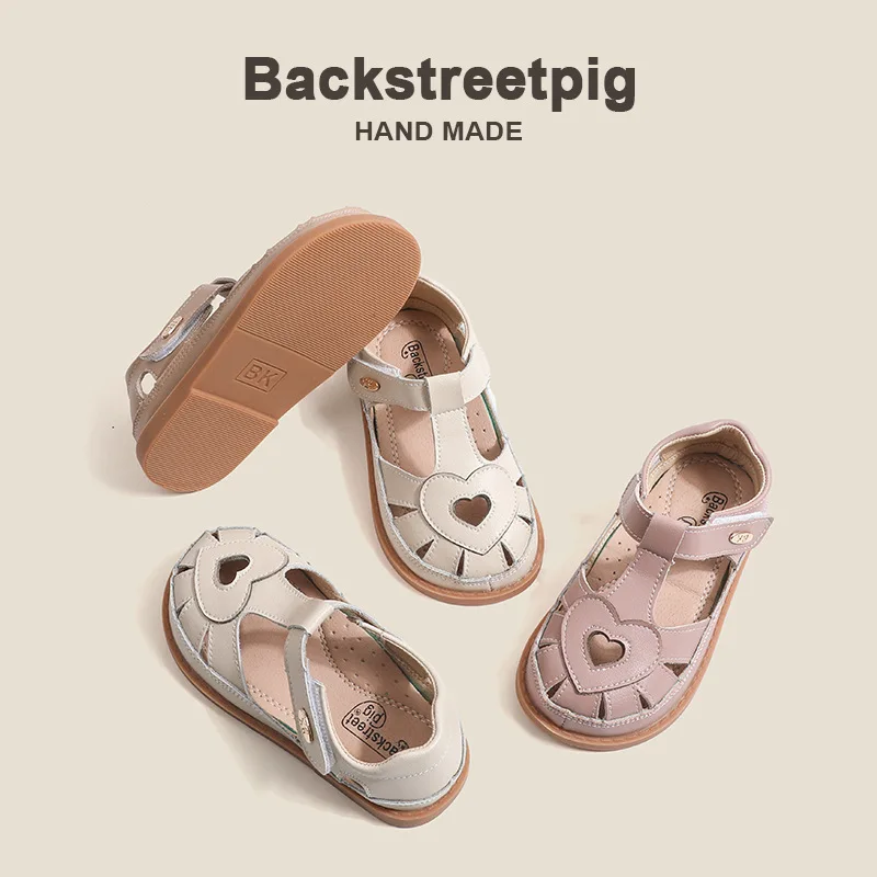 Girls Sandals 2024 Summer Fashion Love Breathable Leather Children's Sandals Baotou Non-slip Girls Beach Shoes Children's Shoes