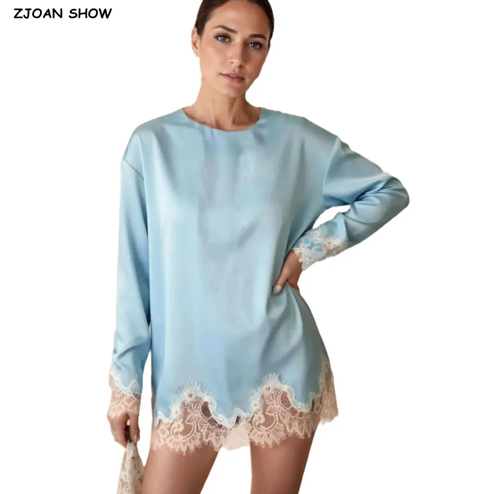 4 colors CHIC O neck Bright Satin Pullover Shirt Women Full Sleeve Spliced Lace Hem Loose Midi Long Blouses Tops Light Blue