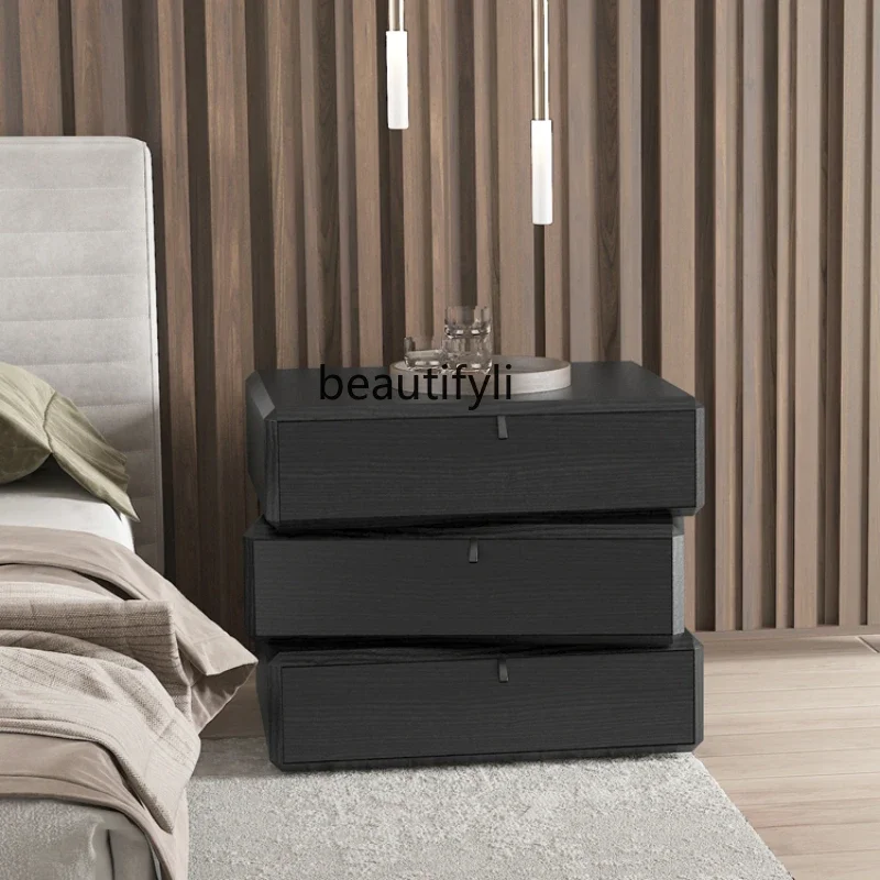 

Italian minimalist rotatable bedside table black oak grain modern light luxury chest