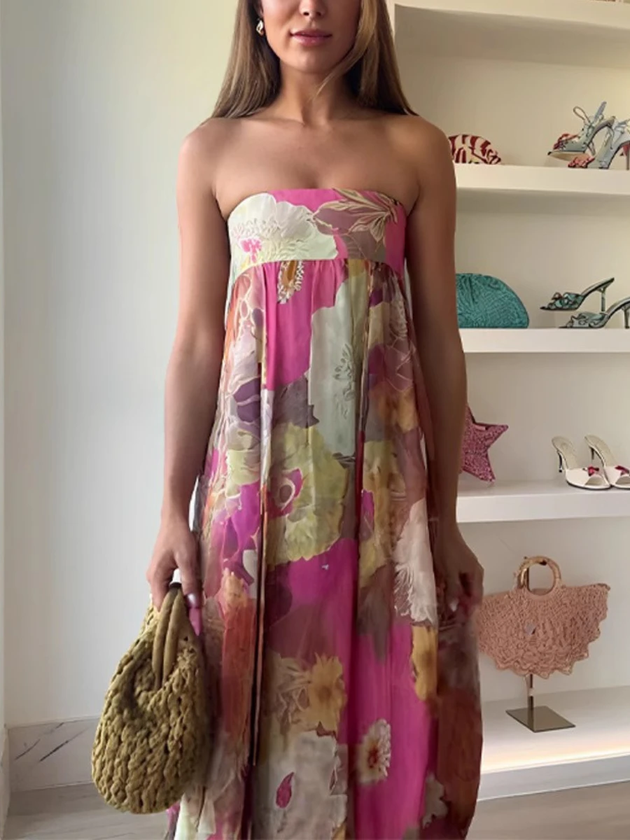 TWOTWINSTYLE Sukienki damskie z kwiatowym nadrukiem świątecznym, bez ramiączek, bez rękawów, z wysokim stanem, francuski temperament, długa sukienka damska, nowość