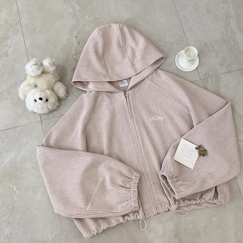 

Vintage Jackets Women Autumn Letters Embroidery Loose Hooded Coats Pink Corduroy Outerwear