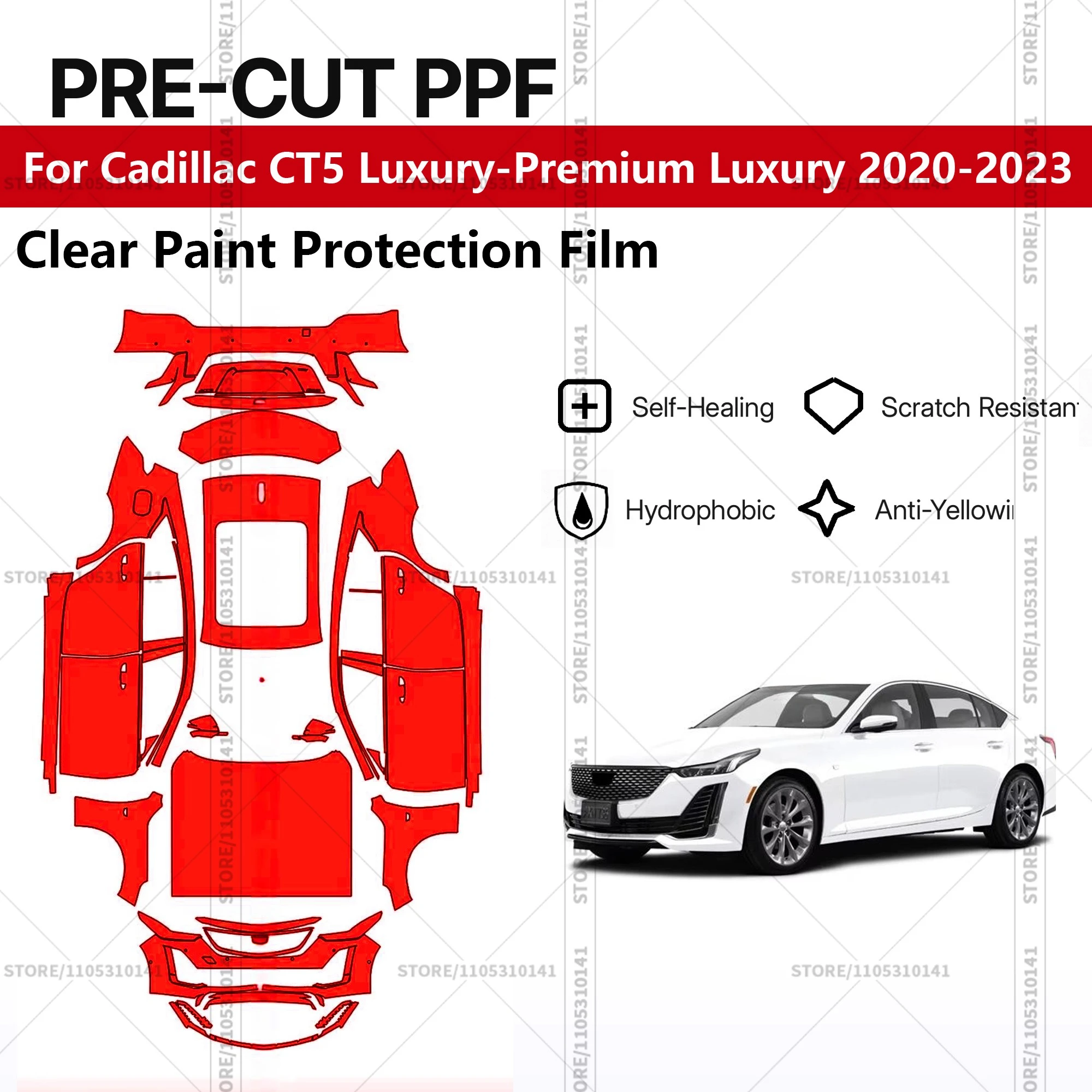 

Для Cadillac CT5 Luxury-Premium Luxury 2020-2023: Предварительно вырезанная прозрачная защитная пленка PPF для автомобиля