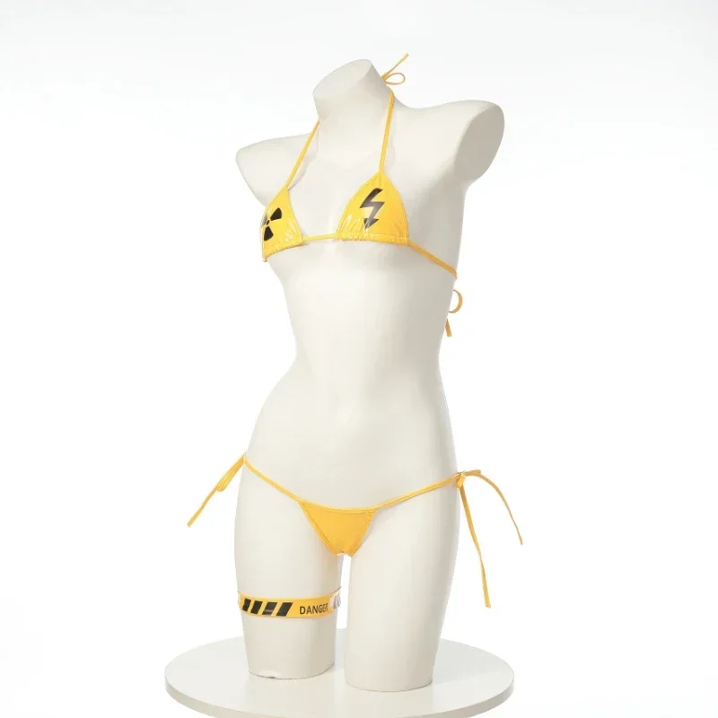คําเตือนอันตรายสีเหลืองบิกินี่ชุดว่ายน้ําผู้หญิงอะนิเมะเกมสามจุดชุดชั้นในหนังชุดเครื่องแต่งกายคอสเพลย์