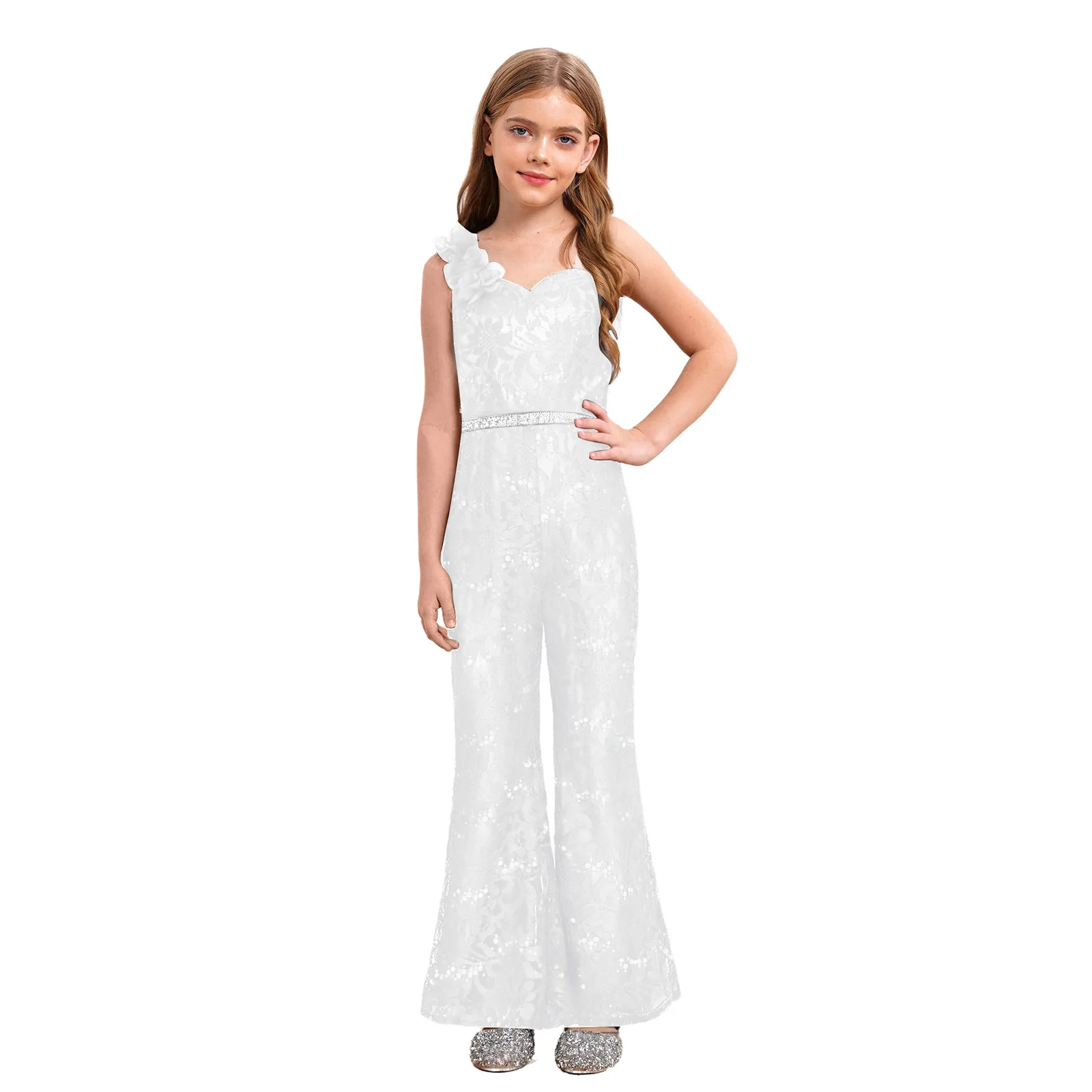 

Children Girls Spaghetti Strap Sleeveless Fake Flower Sparkly Sequin Embroidery High Waist Jumpsuit with Faux Diamond Chain Belt