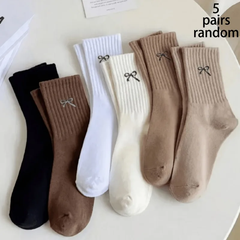 5-Pair Maillard Random Color Bowknot Fashionable,Trendy,Soft,Comfortable,Casual Mid-Calf Socks,Suitable for Daily or Sports Wear