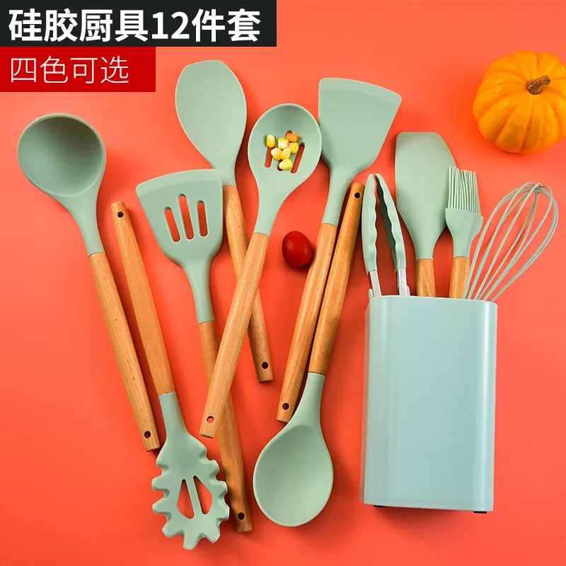 

Beech wood handle kitchenware non-stick pan special scoop silicone kitchenware set of 12