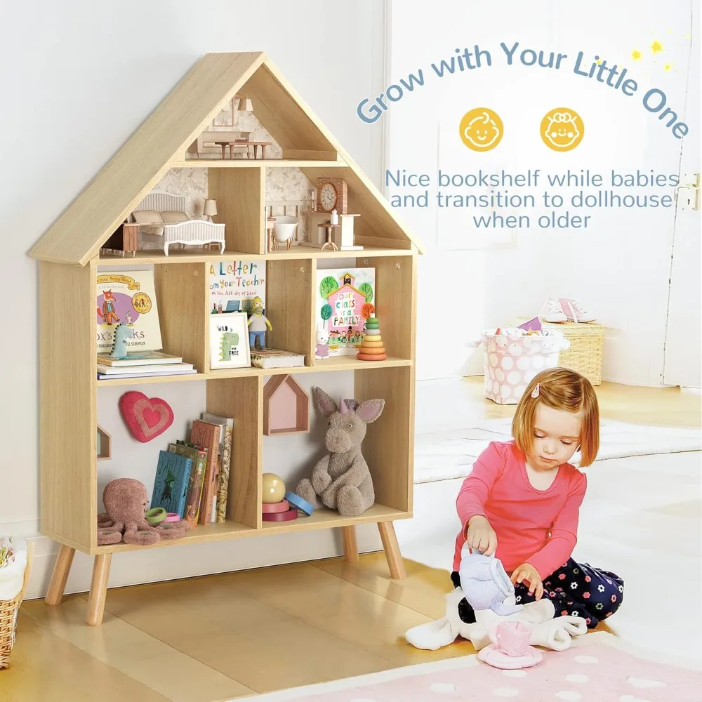 libreria per casa delle bambole per bambini e portaoggetti per bambini - libreria per casa delle bambole con supporto in legno con organizer per esposizione a 4 livelli, boo per bambini