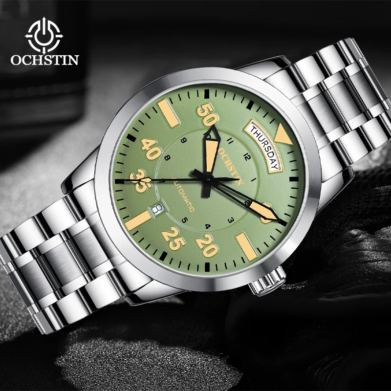 

OCHSTIN Men's Stainless Steel Bracelet Man Dual-Calendar Mechanical Movement Watches Sports Waterproof Luxury Wristwatch