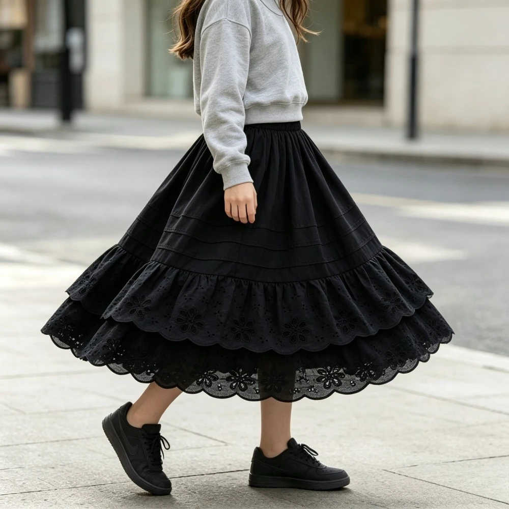 Girls Cotton Eyelet Tiered Skirt Ruffle Hem A-Line Midi Skirt Kids Casual Cute Vacation Outfit Spring Autumn Daily Wear Bottom
