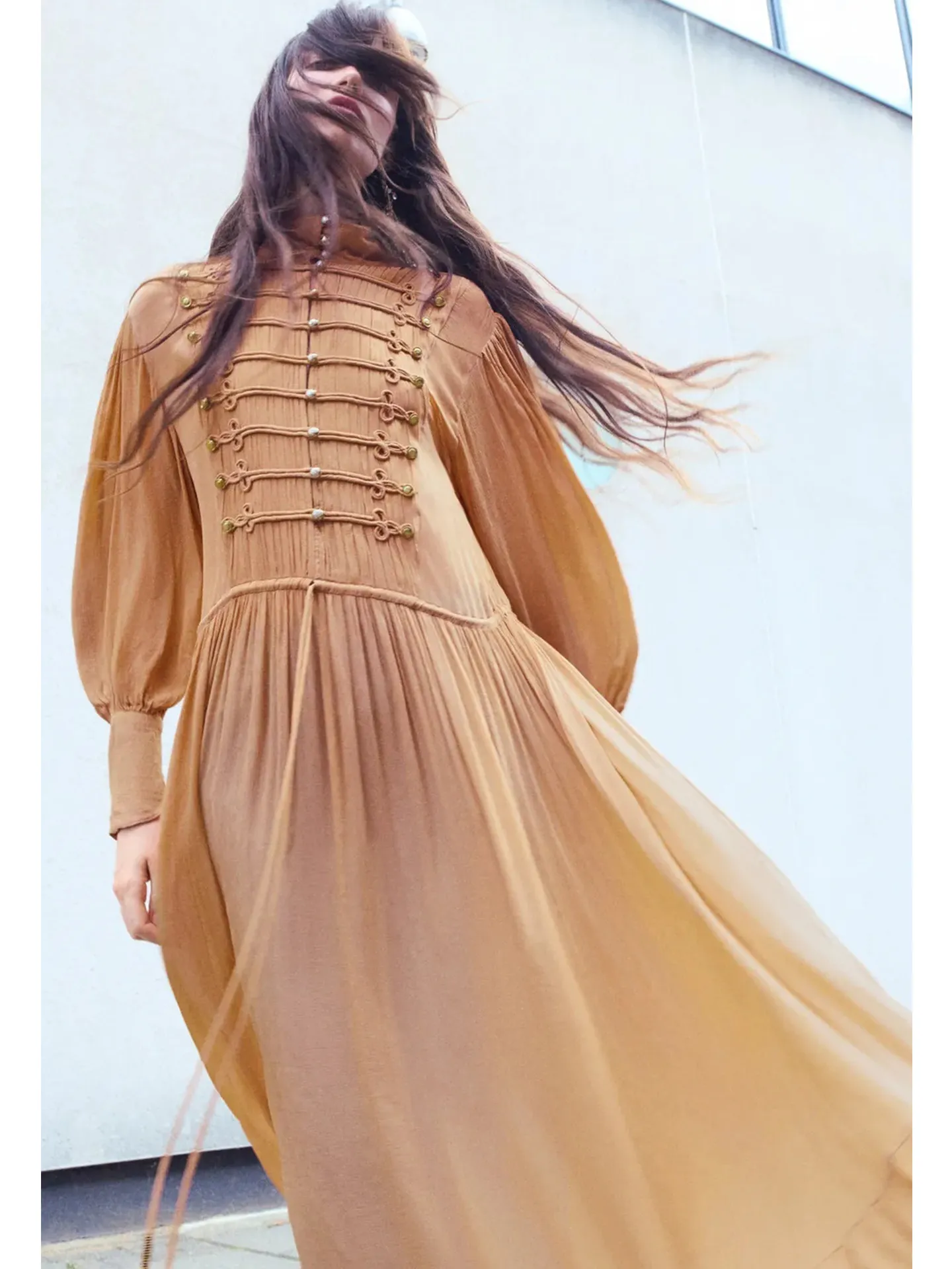 New Autumn Women's Long Sleeve Stand Collar Rope Knot A-Line Dress Casual Style Polyester Fabric Ladies Fashion Dress