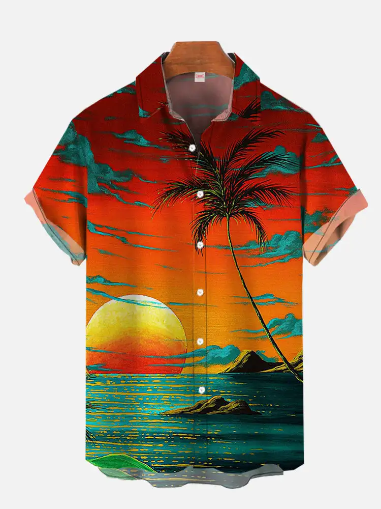 Beach Style men\'s Shirt Coconut Tree Print Casual Shirt men\'s Lapel Button Shirt Cartoon Pattern men\'s Short Sleeved Shirt