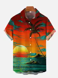 Beach Style men's Shirt Coconut Tree Print Casual Shirt men's Lapel Button Shirt Cartoon Pattern men's Short Sleeved Shirt