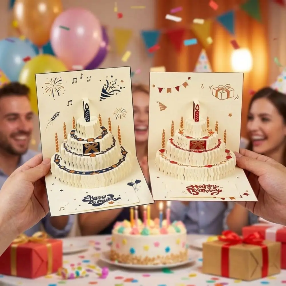 

Colorful 3D Happy Birthday Card Four-Layer Cake Paper Pop-Up Greeting Card Surprise Gift with Envelope