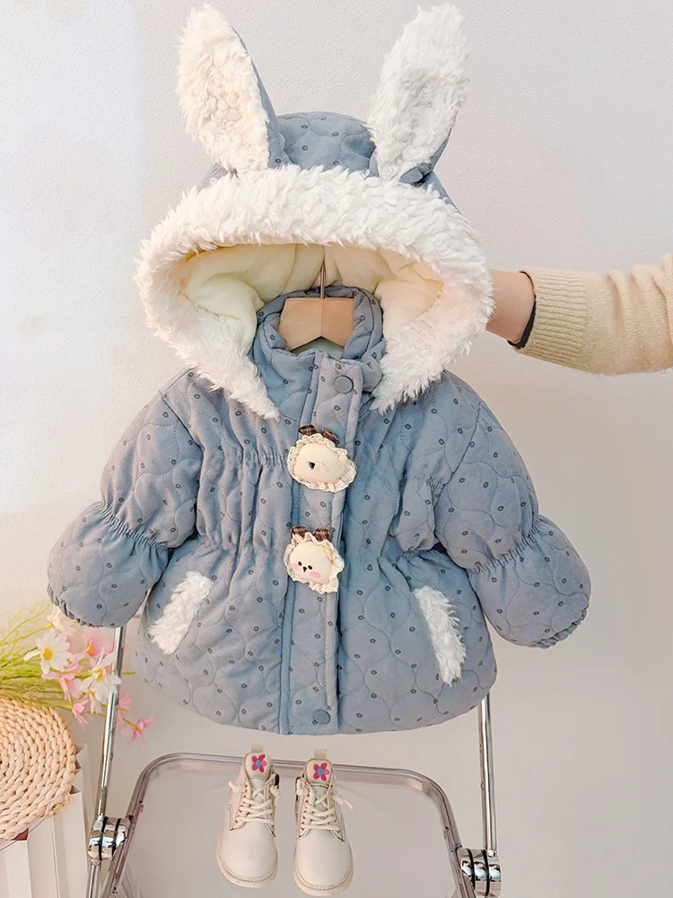

Girls Floral Print Hooded Thiened Cotton Jaet Winter Faionable Children's Warm Sli Cotton Coat Ear Design Long Sve