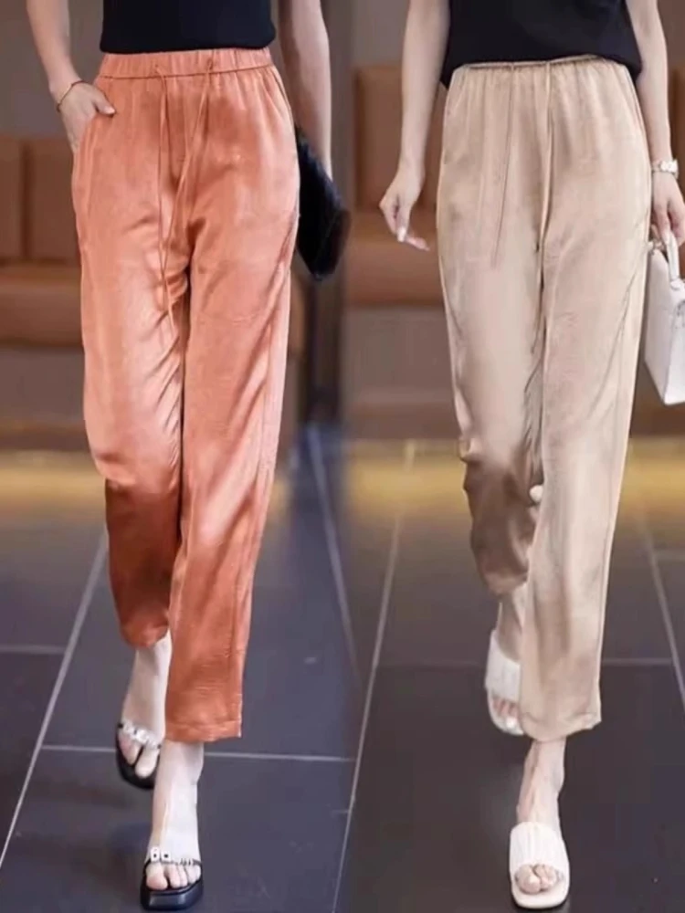 

Ice Silk Nine-Foot Pants Women Summer Thin High Waist Loose Slim Casual Drapey Harlan Pants Korean Sle Loose Fit Trousers