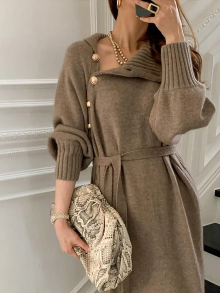 

Autumn Solid Color Dress Dresses 2025 Woman Vestido High Neck Knitted Leace-up Button All-match Simple Style Temperament Elegant