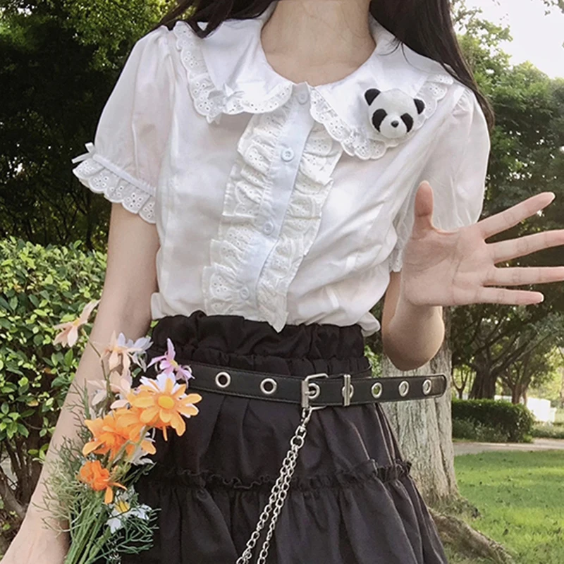 Y2K Women White Short Kawaii Bow Lace Up Patchwork Ruffles Female Short Blouse Korean New Peter Pan Collar Button Ladies Top