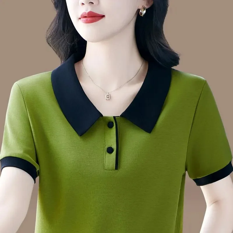 

High-quality Polo Collar Ice Silk Short Sleeved T-shirt Women's T-shirts Blouse 2025 New Summer Autumn T-shirt Ropa De Mujer
