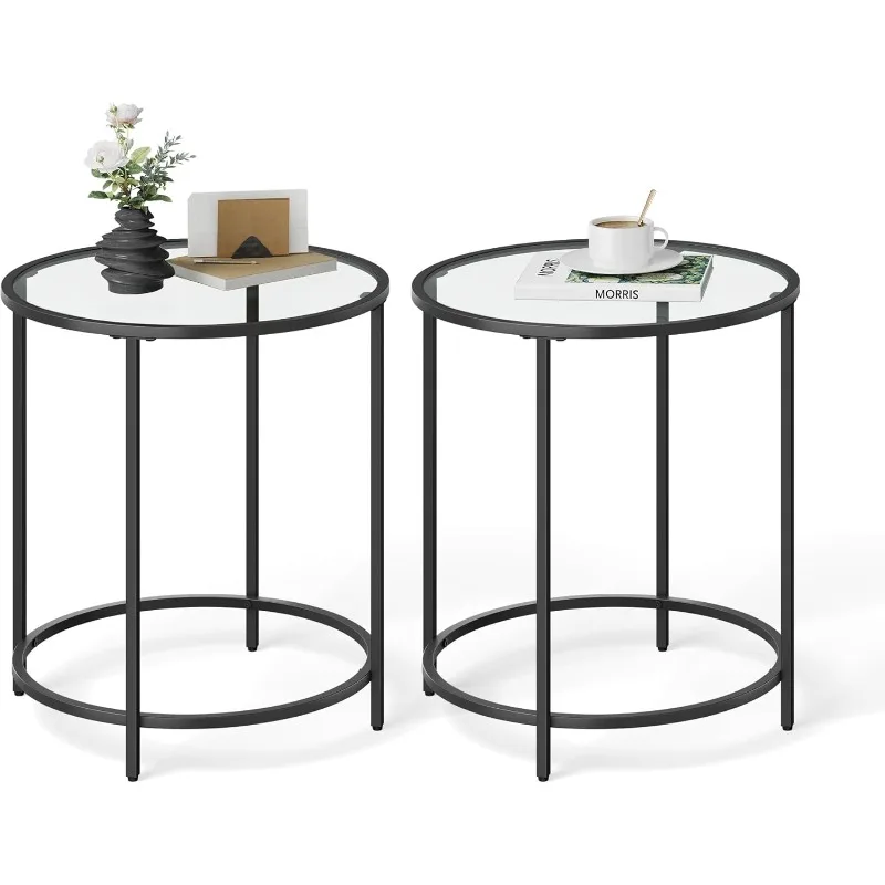 Round Side Tables, Set of 2, Glass End Tables with Metal Frame, Black Coffee Tables with Modern Style, for Living Room, Balcony