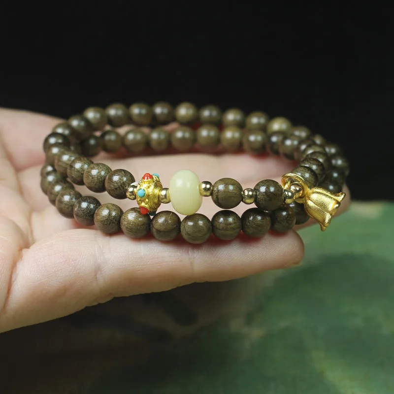Dark Wood 6mm Double-Layer Bracelet with Lily of the Valley Design, Unisex Forest-Style Buddhist Prayer Beads and Jewelry