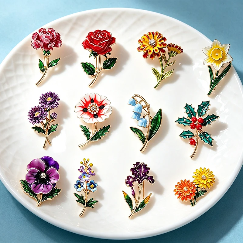Wuli&baby 12 Birthday Flower Brooches For Women Unisex Beautiful Enamel Flowers Party Casual Brooch Pins Fashion Jewelry Gifts