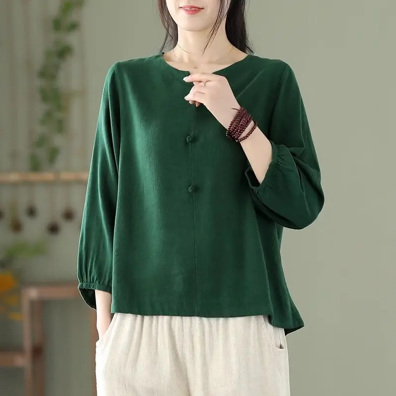 Chinese Style 2024 Summer Women\'s New V-neck Patchwork Button Fashion Solid Color Elegant Comfortable 3/4 Sleeve Blouses Shirts