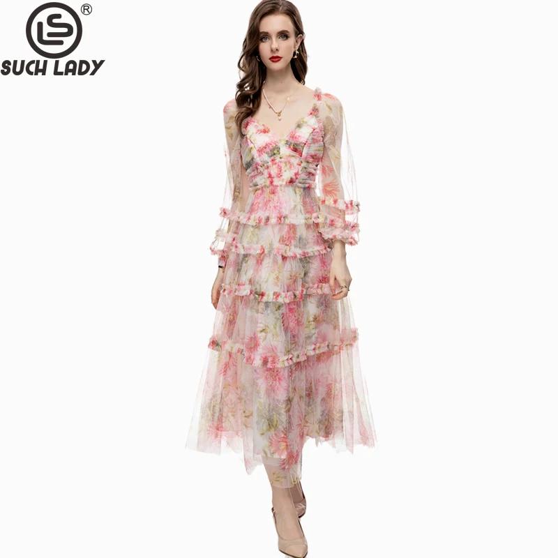 

Women's Runway Dresses V Neck Long Sleeves Floral Printed Tiered Ruffles Elegant Designer Casual Vestidos