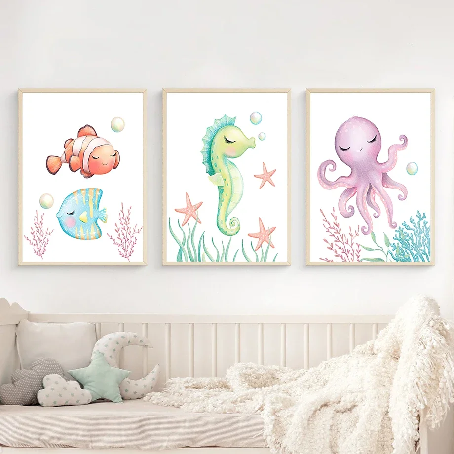 Fish Octopus Seahorse Turtle Ocean Nursery Wall Art Canvas Painting Nordic Posters And Prints Wall Pictures Girl Kids Room Decor