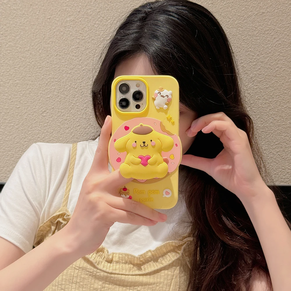 Sanrio Friend My Moledy Kuromi Cinnamoroll Pompom Purin Soft Case With Holder Cover For iPhone 16 15 14 13 12 Mini 11 Pro Max