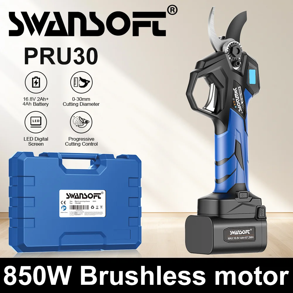 SWANSOFT PRU30, tijeras de podar eléctricas inalámbricas de 30 mm, interruptor de 3 clics con dos cuchillas de repuesto – herramientas de jardinería profesionales para podar árboles