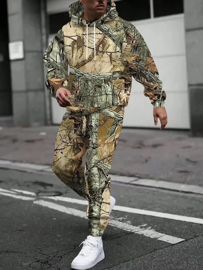 위장 무늬 멧돼지 동물 3D 프린트 후드티 바지 세트 남성용 스웨트셔츠 스웨트팬츠 투피스 수트 트랙수트 남성 의류