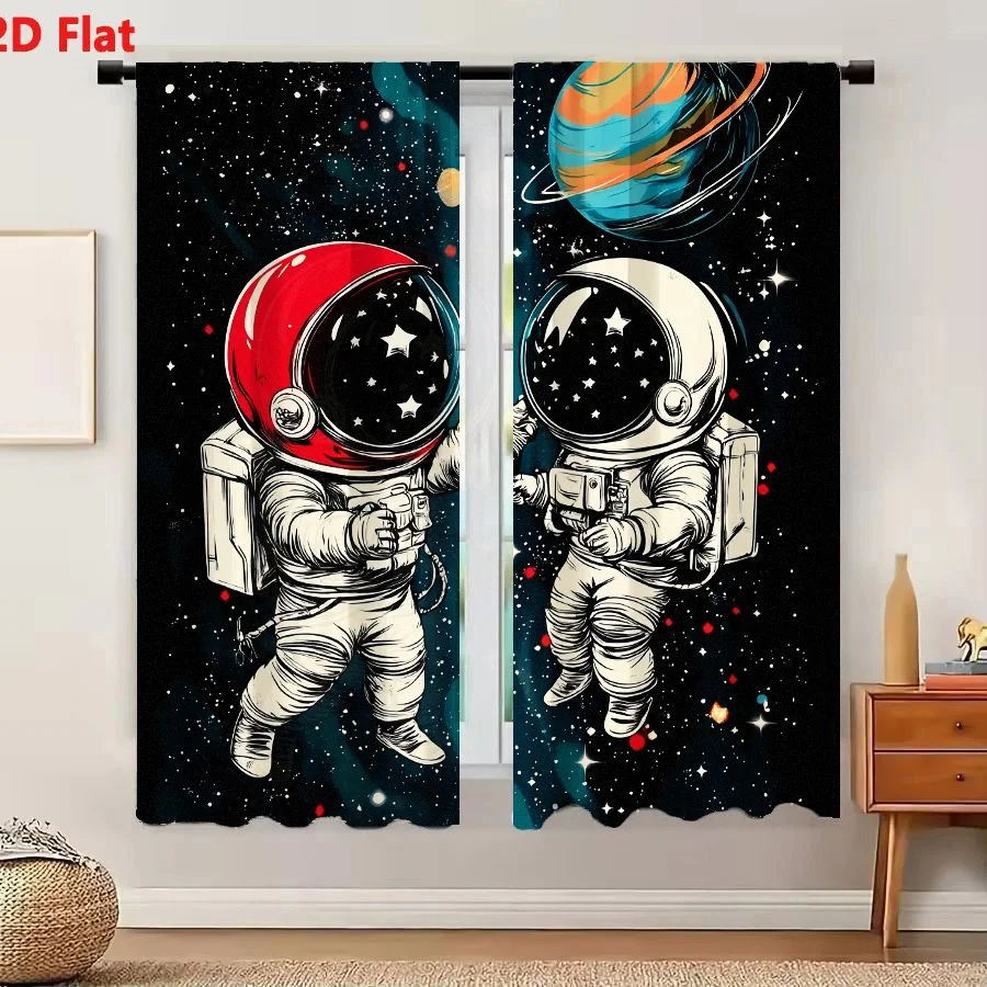 2Pcs Curtains 2D Flat Astronauts Floating In Space Reaching For Each Other Near Colorful Ringed Planet And Nebula Window Drapes