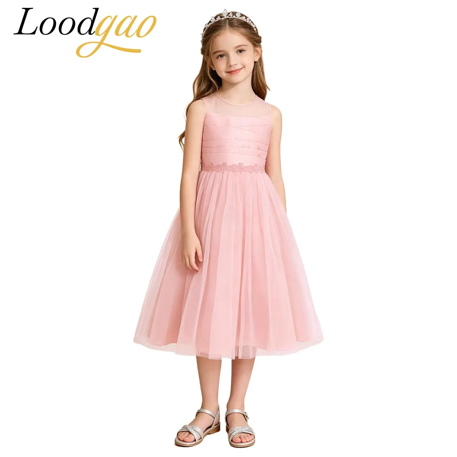 

Kids Girls Stage Performance Dress Party Princess Gown Pleated Lace Ballroom Modern Dance Dress Lyrical Dancewear