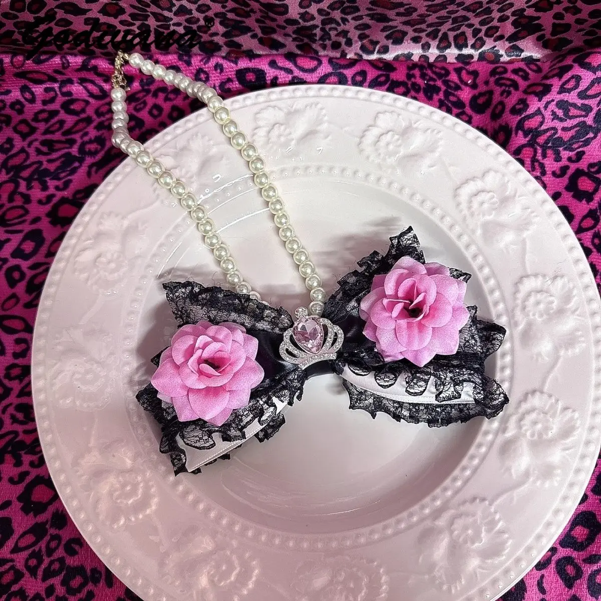 Japanese Mars Princess Gal Style Dragon Fruit Color Hot Girl Leopard Print Pearl Necklace Retro Flower Ties&Bows