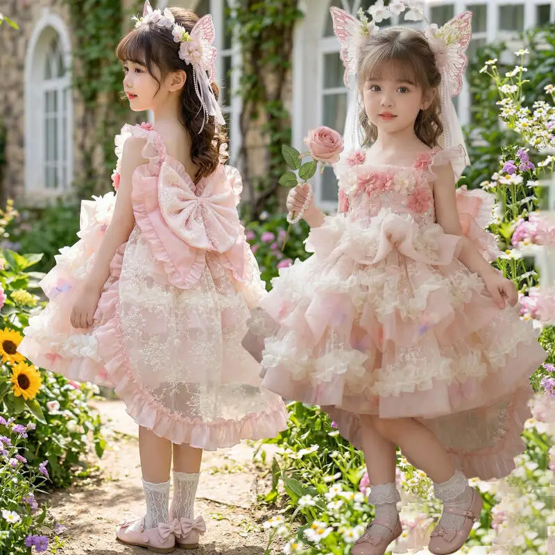 Girl Princess Dress Children's Flower Fairy Birthday Mesh Dress Kids Lolita Dress with 3D Flower Embellishments Festival Gift