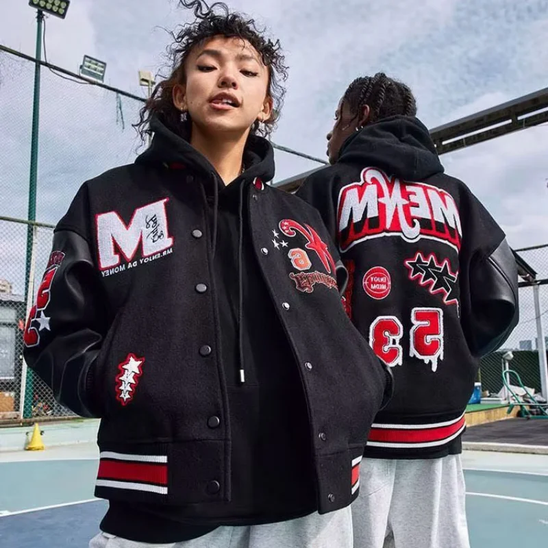 Bomber Jacket Men Women Flocking Hip Hop Loose Casual Patchwork Coat Unisex Embroidery High Street Varsity Baseball Outwear 2023 view 3