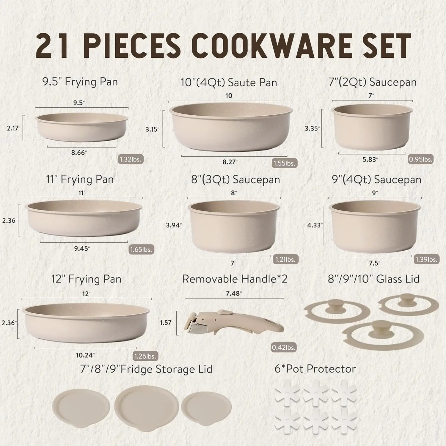 21pcs Pots and Pan Set Non Stick, Nonstick Induction Cookware, Detachable Handle Cookware Set, Removable Handle, RV Oven Safe Co