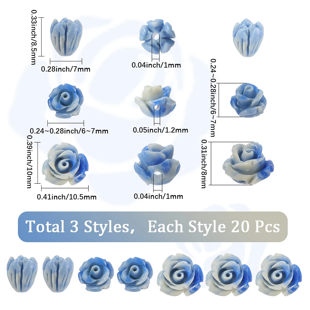 1 Box 60Pcs 3 Styles Blue Rose Beads Carved Flower Bead Bulk Coral Artificial Dyed Jasmine Floral Shaped Loose Spacers Bracelet