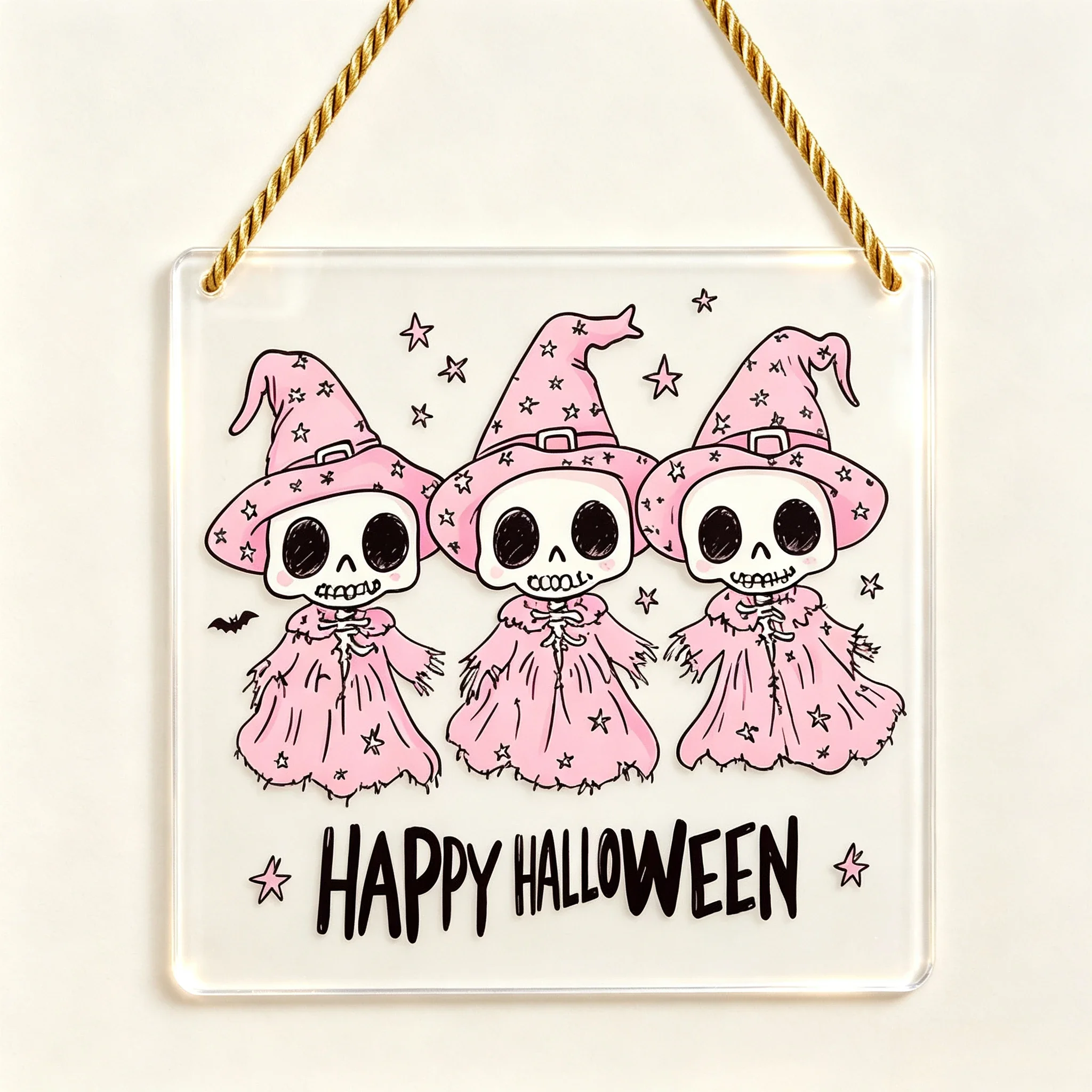 Three Cute Skull Witch Star Acrylic Wall Plaque, Spooky Season Door Hanging Halloween Ornament