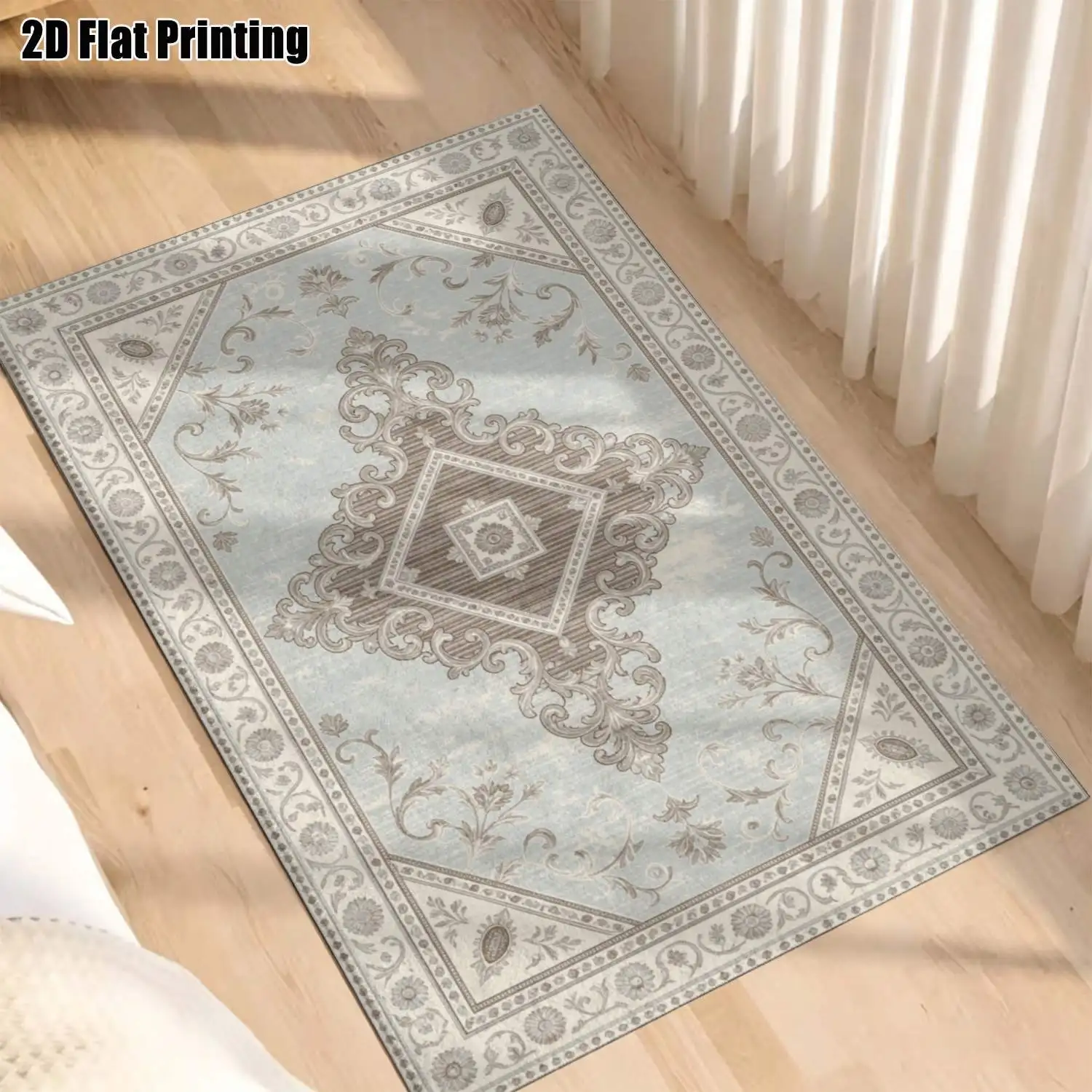 1Pc 2D Printed Carpet: Blue-Grey Retro Floral Pattern European-Style Retro, Geometric Floor Mat, Home Decor, Multi-Size, Machine Washable, Suitable for Entryway, Living Room, Bedroom, Dining Room, Study.