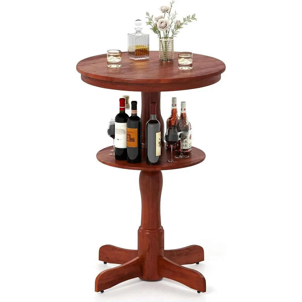 

Двухуровневый круглый деревянный стол-стойка с полкой для хранения и основанием на пьедестале для бистро, кухни, гостиной и ресторана