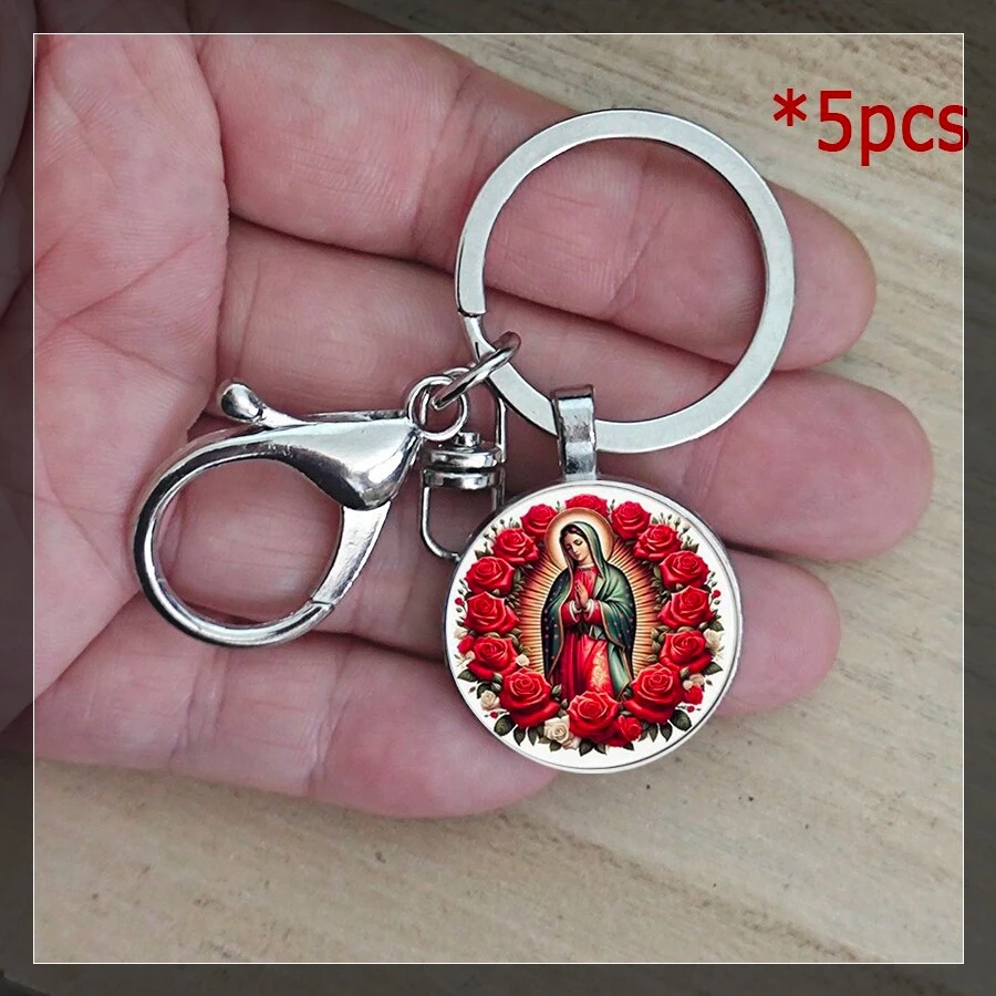 5pcs Rose Virgin Mary Round Keychain Bag Pendant Car Pendant